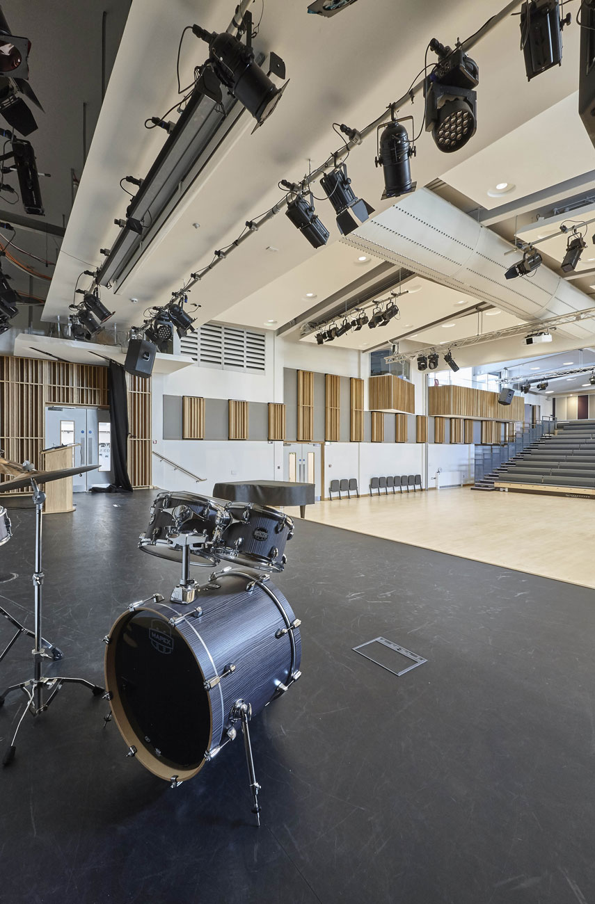Putney High School Performing Centre stage and swinging noise control panels | Interior Photographer Wokingham | Architecture Photography London
