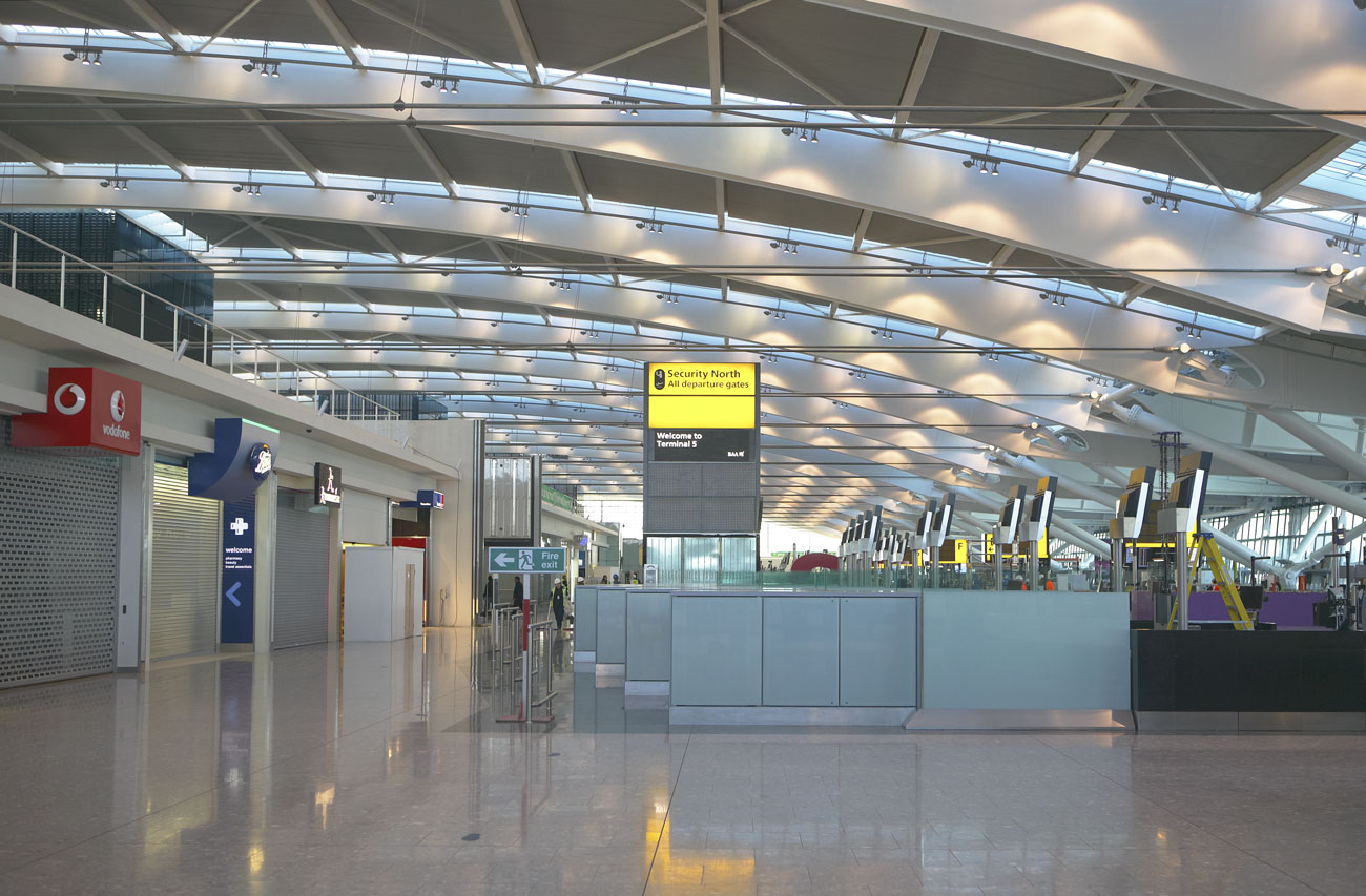 Heathrow Airport Terminal 5 glazed facade steel supports | Commercial Architectural Photography | Commercial Photographer London