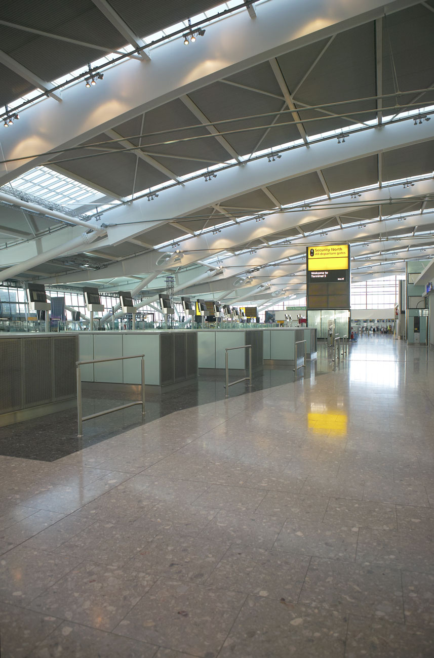 Heathrow Airport Terminal 5 glazed facade steel supports | Commercial Photographers London