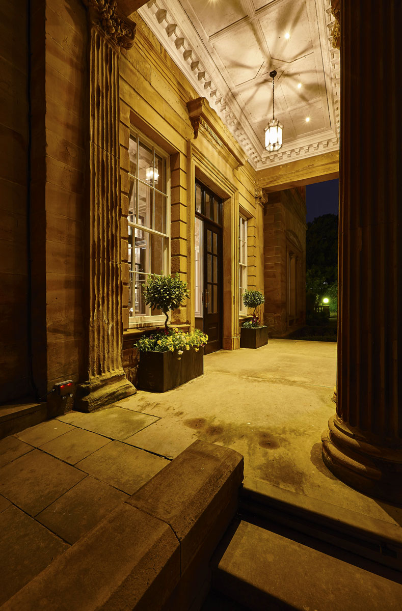 Hotel Photography of Oulton Hall Hotel Entrance Portico, Leeds at dusk | Hotel Photographers UK | Commercial Photography